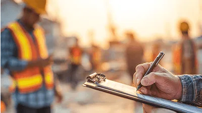 6 Tips to Have Better Control of Your Construction Projects Financials 2 A close-up of a construction supervisor writing on a clipboard while workers and equipment operate in the background at sunset — 6 Tips to Have Better Control of Your Construction Projects Financials article
