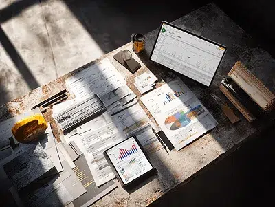 9 Tips to Increase Your Profit and Save Time through Construction Job Costing 2 A sunlit desk covered with construction documents, charts, a laptop, and a tablet displaying financial dashboards — 9 Tips to Increase Your Profit and Save Time through Construction Job Costing article