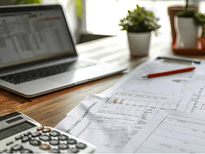 9 Tips to Increase Your Profit and Save Time through Construction Job Costing 1 A close-up view of a wooden desk with construction forms, a laptop showing spreadsheets, a calculator, and a red pen — 9 Tips to Increase Your Profit and Save Time through Construction Job Costing article