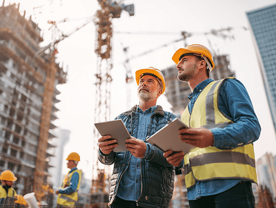 Two construction professionals on-site holding tablets, reviewing project progress against a backdrop of cranes and high-rise structures — How to Deal with Project Cost Overruns article
