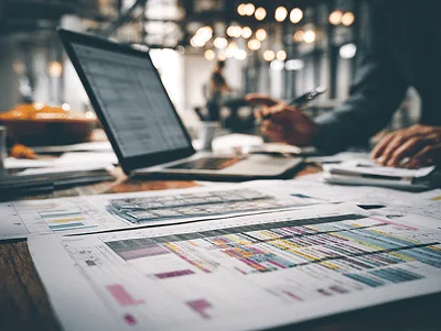 7 Essential Tips for Creating and Using Construction Cost Codes 2 A construction project desk covered with detailed cost spreadsheets, drawings, and a laptop, with a person reviewing data in a modern workspace — 7 Essential Tips for Creating and Using Construction Cost Codes article