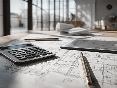 7 Essential Tips for Creating and Using Construction Cost Codes 1 A close-up view of construction blueprints with a calculator, tablet, and pen arranged on a sunlit desk — 7 Essential Tips for Creating and Using Construction Cost Codes article