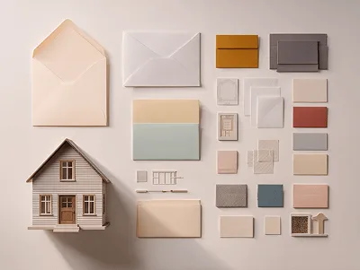 Top 10 Mistakes to Avoid When Building a Home 1 A neatly arranged flat-lay of home-building materials, color samples, and envelopes alongside a miniature house model — 10 Mistakes to Avoid When Building a Home article