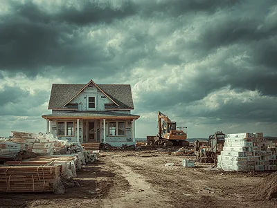 Top 10 Mistakes to Avoid When Building a Home 2 A partially built house surrounded by construction materials and heavy equipment under a dramatic cloudy sky, capturing the realities and challenges of managing costs and timelines during home construction — 10 Mistakes to Avoid When Building a Home article