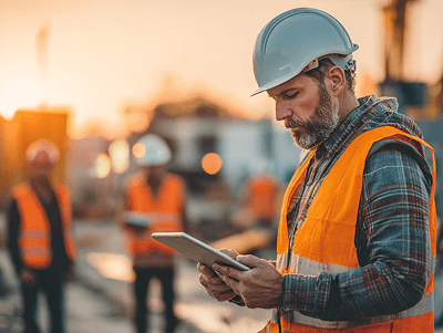 A construction manager wearing a hard hat and orange safety vest reviews project data on a tablet at a job site during golden hour, with workers and equipment blurred in the background — 7 Benefits of Construction Management Software article image