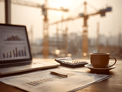 A laptop displaying construction cost charts sits on a desk beside financial documents, a pen, a calculator, and a coffee cup, with multiple cranes visible through the office window at sunrise — 7 Benefits of Construction Management Software article image
