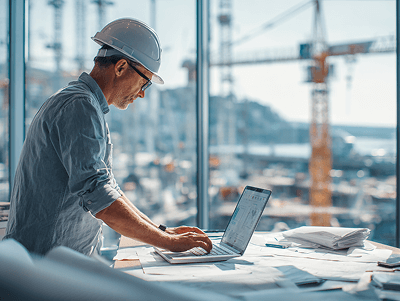 A construction engineer wearing a white hard hat works on a laptop surrounded by blueprints and documents in a bright office overlooking cranes and an active construction site in the background — 7 Benefits of Construction Management Software article image