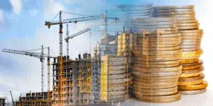 A construction site with cranes blended into stacks of coins, symbolizing financial growth in the construction industry — How to Increase Your Construction Company's Profitability article