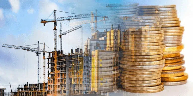 A construction site with cranes blended into stacks of coins, symbolizing financial growth in the construction industry — How to Increase Your Construction Company's Profitability article