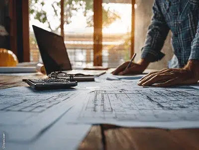 How to Increase Your Construction Company's Profitability 2 A person reviews blueprints on a desk, surrounded by tools like a calculator and laptop in a warm, sunlit workspace — How to Increase Your Construction Company's Profitability article