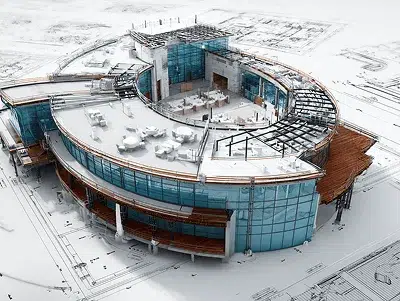 How to Set Up Contracts: A Comprehensive Guide to Construction Subcontractor Agreements 2 3D architectural model of a modern curved building over construction blueprints, depicting project planning and design - - How to Set Up Contracts, A Comprehensive Guide to Construction Subcontractor Agreements article