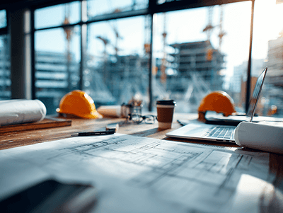 A close-up of a construction office desk with blueprints, rolled drawings, a laptop, coffee cup, and yellow safety helmets, with cranes and unfinished buildings visible through the window in the background - How to Start Your Own Construction Business article