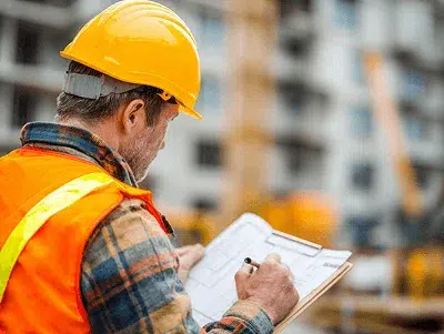 How to Be a Better Construction Project Manager? 1 A construction worker writes notes on a clipboard while inspecting the site — How to Be a Better Construction Project Manager article