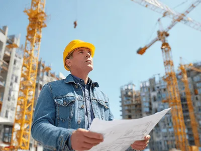 How to Be a Better Construction Project Manager? 2 A site manager studies blueprints while observing cranes and ongoing construction — How to Be a Better Construction Project Manager article