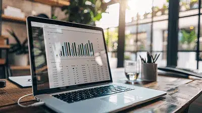 Laptop displaying financial graphs and cost estimates in a bright office, illustrating data analysis and project forecasting - The Ultimate Guide to Writing an Effective Construction Estimate article