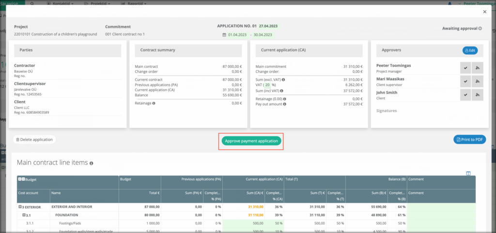 construction client payment application approval and editing