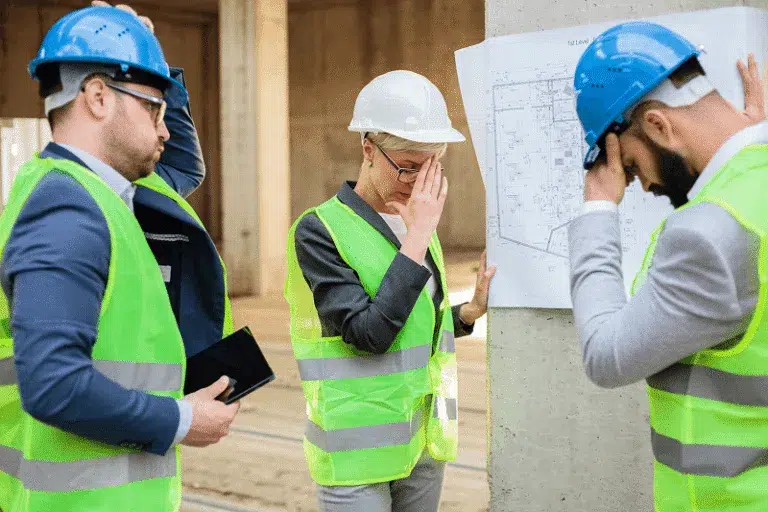 Three construction professionals in safety vests and helmets standing at a jobsite, visibly stressed — 10 Mistakes to Avoid When Starting a Construction Company