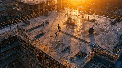 Aerial view of a construction site at sunset showing workers on a concrete structure surrounded by scaffolding and materials — 10 Tips on How to Improve Construction Site Efficiency article