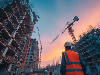 Enhancing Construction Efficiency: Key Factors and Strategies 1 A construction manager observes cranes and buildings at an active site during sunset — Enhancing Construction Efficiency_ Key Factors and Strategies image