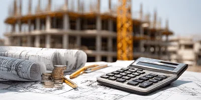 How to Promote a Construction Company? 2 A calculator, coins, and blueprints on a desk with a construction site in the background — How to Promote a Construction Company