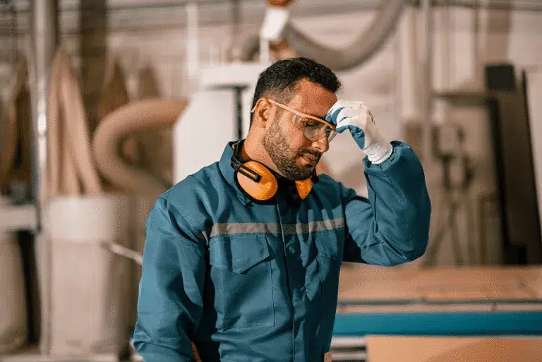 Blog 11 A construction worker in protective gear stands in a workshop, looking fatigued with his hand on his forehead — Boosting Mental Health in the Construction Industry A Comprehensive Guide article