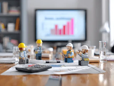 Small toy construction workers are arranged on a table covered with blueprints, calculators, and office supplies, while a blurred screen in the background displays a rising bar chart — Boosting Mental Health in the Construction Industry A Comprehensive Guide article