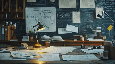 How to Choose the Right Construction Project Management Software? 2 A cluttered project workspace filled with drawings, notes, and calculations, set against a chalkboard wall covered in diagrams — how to choose the right construction project management software article