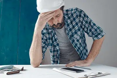 How to Deliver Accurate Construction Estimates? 1 A stressed construction worker in a hard hat looks down at paperwork on a desk — How to Deliver Accurate Construction Estimates article