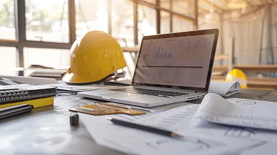 A laptop displaying financial and project data on a desk surrounded by blueprints, a yellow safety helmet, and construction documents in a well-lit office environment - How to Manage Subcontractors in Construction article