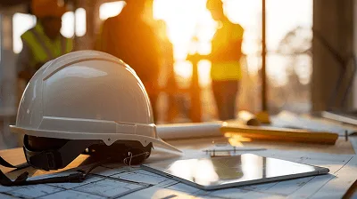 A white safety helmet and digital tablet placed on top of blueprints with blurred construction workers and equipment in the background during sunset - How to Manage Subcontractors in Construction article
