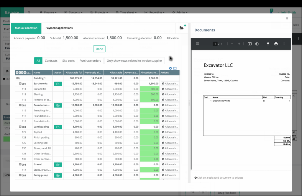 construction invoice allocation