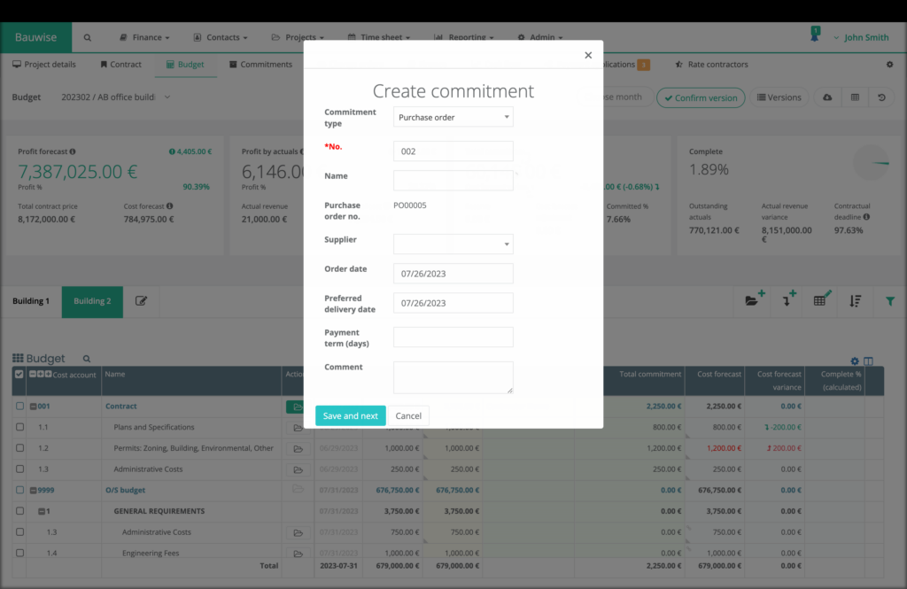 construction purchase order creation