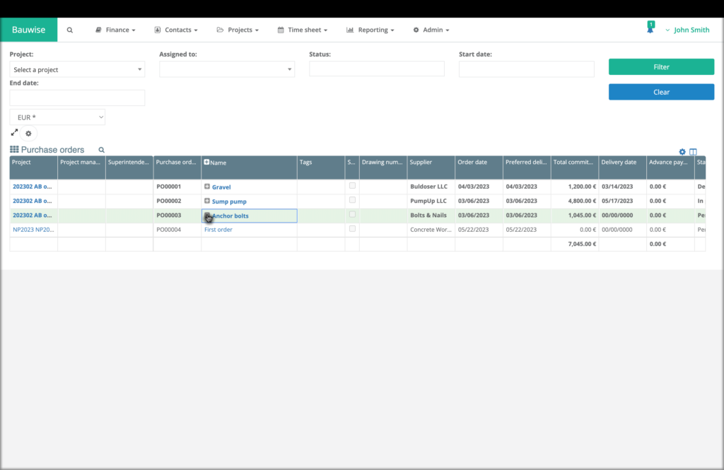 construction purchase order management