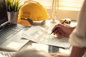 A person reviews printed reports at a desk with a laptop and hard hat nearby — 10 Tips for Completing Construction Projects On Time and On Budget cover