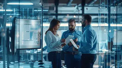 Three professionals review project data on digital tablets and documents inside a modern glass-walled office — Change Order Process in Construction article