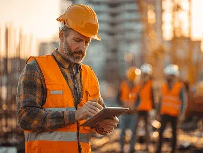 How Do You Negotiate Construction Change Orders? 2 A construction site supervisor wearing a safety vest and helmet reviews project details on a digital tablet during golden hour, with blurred crew members working in the background — How Do You Negotiate Construction Change Orders article