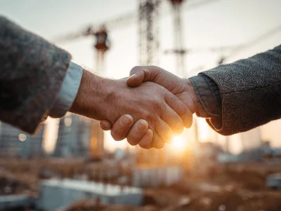 How Do You Negotiate Construction Change Orders? 1 Two professionals shake hands at a construction site at sunset — How Do You Negotiate Construction Change Orders article