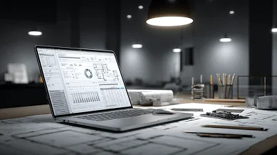 How to Calculate and Estimate Construction Change Orders 1 A laptop displaying data and plans on a desk covered with blueprints and drafting tools — How to Calculate and Estimate Construction Change Orders article