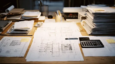 How to Calculate and Estimate Construction Change Orders 2 A cluttered desk filled with architectural drawings, documents, and a calculator — How to Calculate and Estimate Construction Change Orders article