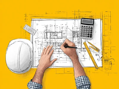 A Step-By-Step Guide on How to Write a Construction Change Order 1 An illustrated top-down view of a construction planner’s workspace, featuring hands sketching on blueprints alongside a calculator, hard hat, and measuring tools on a bright yellow background — A step-by-step guide on how to write a construction change order article