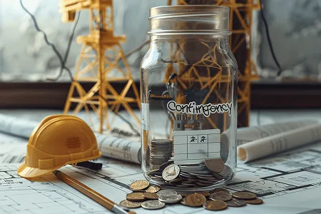 Construction Contingency: All You Need to Know 1 Glass jar labeled ‘Contingency’ filled with coins, placed on construction blueprints beside a safety helmet and pencil — Construction Contingency All You Need to Know article