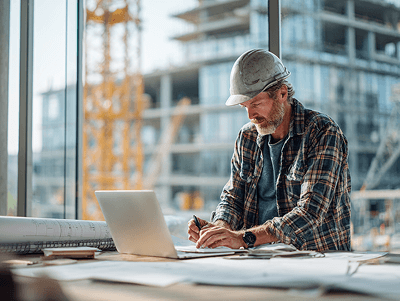 Cost control in construction article - casually dressed construction project manager looking at laptop screen