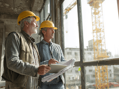 Cost control in construction_ understanding the fundamentals article - two men standing in front of a window overlooking construction process