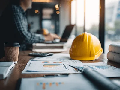 How Do you Tell a Client About a Change Order? 2 A construction manager works at a desk covered with project documents, charts, and a yellow hard hat — How Do you Tell a Client About a Change Order article
