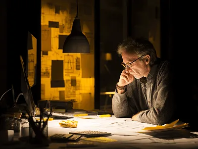 A man reviews blueprints under focused desk lighting late at night, surrounded by plans, sketches, and project notes — How Do you Tell a Client About a Change Order article