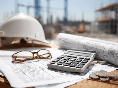 5 Tips On How to Avoid Change Order Disputes 2 A close-up shot of construction planning materials on a jobsite table, featuring a white hard hat, rolled blueprints, a calculator, coins, and reading glasses placed over cost sheets with an active construction site blurred in the background — — How to Avoid Change Order Disputes article