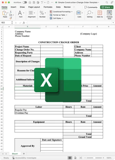 Simple Construction Change Order Template Excel