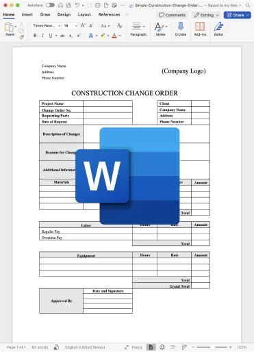 Simple Construction Change Order Template Word
