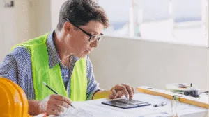 A construction professional calculates project costs at a desk with plans, tools, and safety gear — Understanding Construction Cost Control article cover