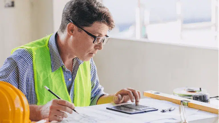 A construction professional calculates project costs at a desk with plans, tools, and safety gear — Understanding Construction Cost Control article cover